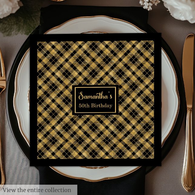 Personalised Napkins Black Gold Elegant Birthday (Monogram Napkins Elegant Black Gold Cocktail Art)