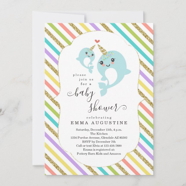 Personalised Narwhal Themed Baby Shower Unisex Invitation (Front)