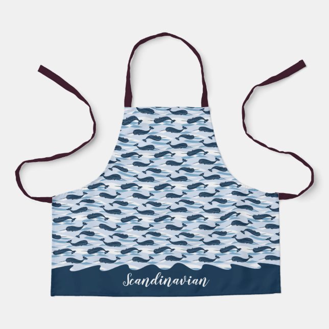 Personalised Narwhal Waves Allover Print Blue Apron (Front)
