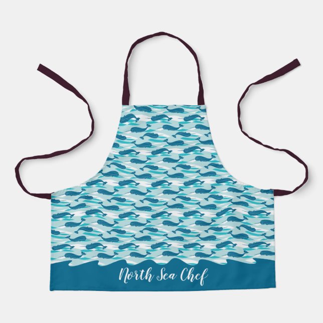 Personalised Narwhal Waves Allover Print Teal Apron (Front)