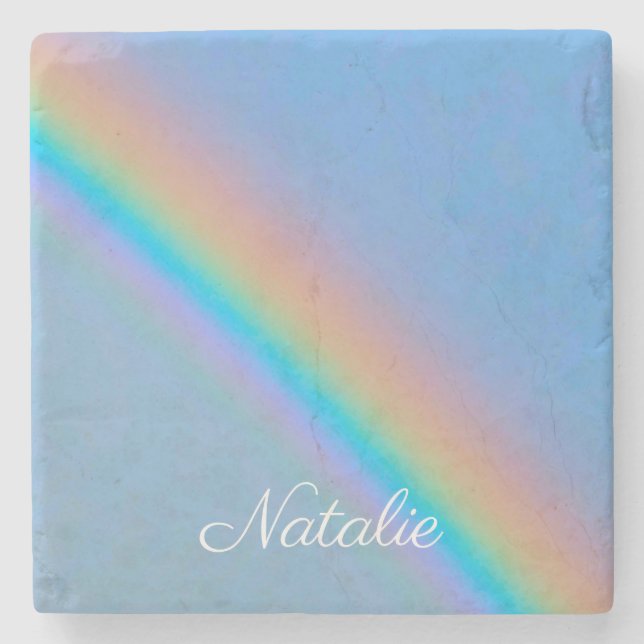 Personalised natural real rainbow stone coaster (Front)