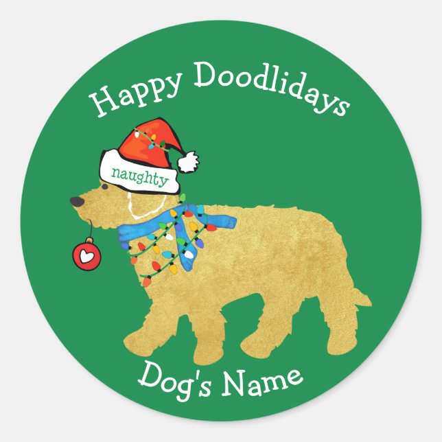 Personalised Naughty Christmas Goldendoodle Classic Round Sticker (Front)