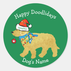 Personalised Naughty Christmas Goldendoodle Classic Round Sticker