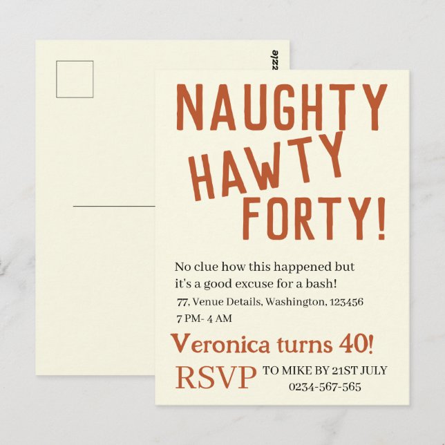 Personalised naughty hawty forty funny birthday  postcard (Front/Back)