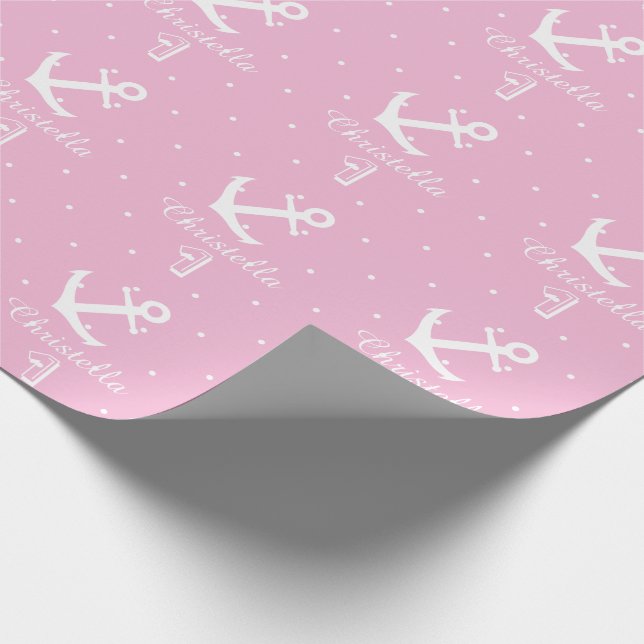 Personalised nautical anchor 1st birthday girl wrapping paper (Corner)