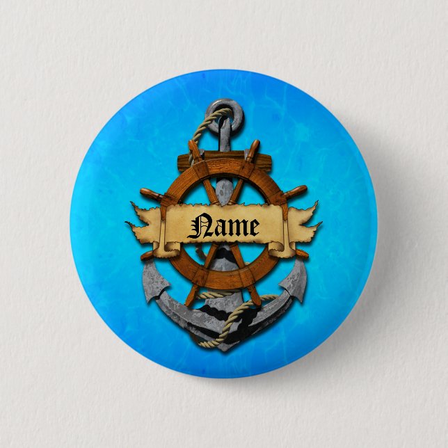 Personalised Nautical Anchor And Wheel 6 Cm Round Badge (Front)
