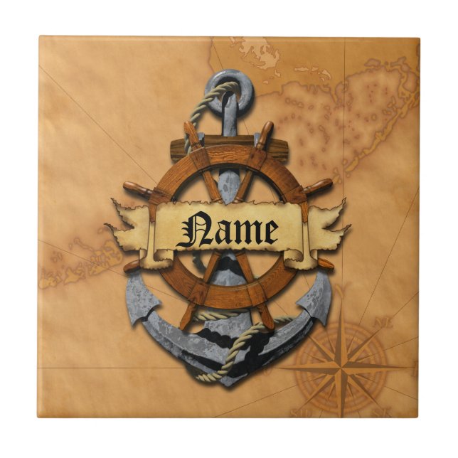 Personalised Nautical Anchor And Wheel Ceramic Tile (Front)