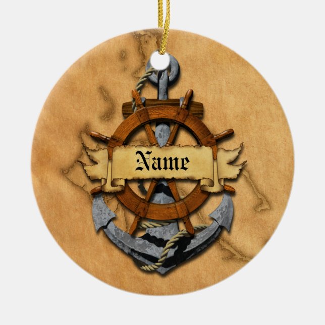 Personalised Nautical Anchor And Wheel Ceramic Tree Decoration (Front)