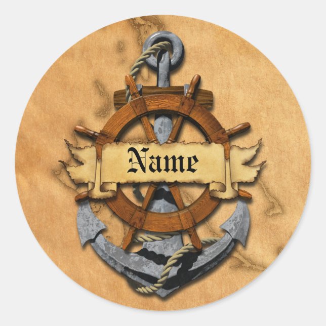 Personalised Nautical Anchor And Wheel Classic Round Sticker (Front)