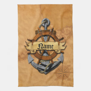 Personalised Nautical Anchor And Wheel Tea Towel