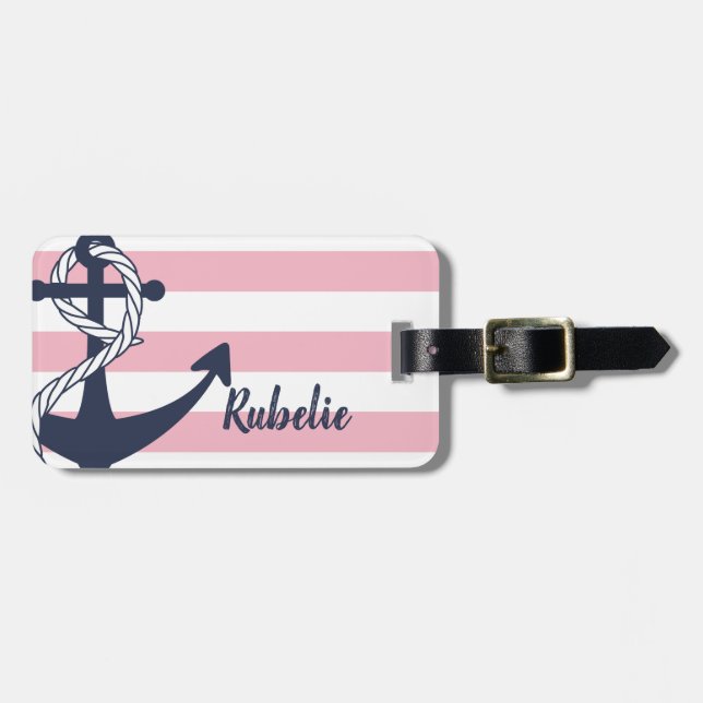 Personalised Nautical Anchor Pink Stripes Bag Tag (Front Horizontal)