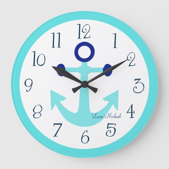 Personalised Nautical Aqua Anchor Nursery Clock (Front)