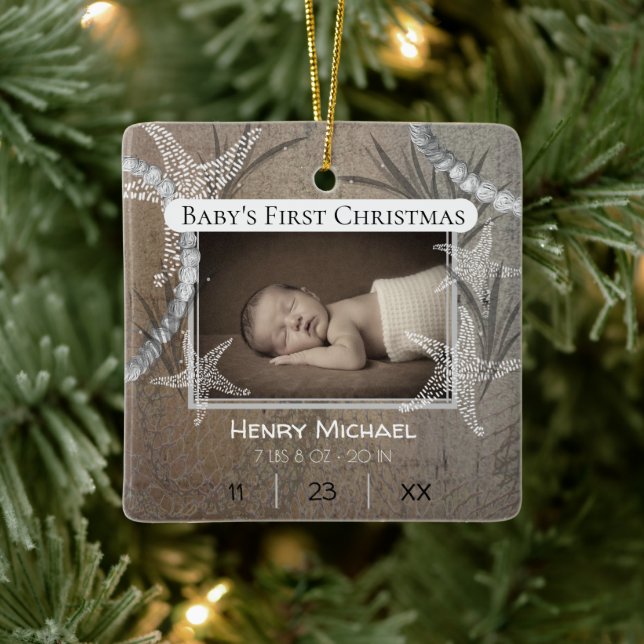 Personalised Nautical Baby's First Christmas Ceramic Ornament (Tree)