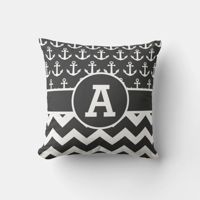 Personalised Nautical Black White Chevron Anchors Cushion (Front)