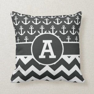 Personalised Nautical Black White Chevron Anchors Cushion