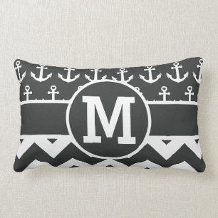 Personalised Nautical Black White Chevron Anchors Lumbar Cushion