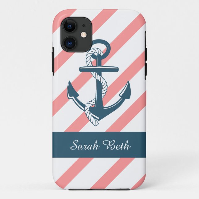 Personalised Nautical, Blue Anchor & Rose Stripes Case-Mate iPhone Case (Back)