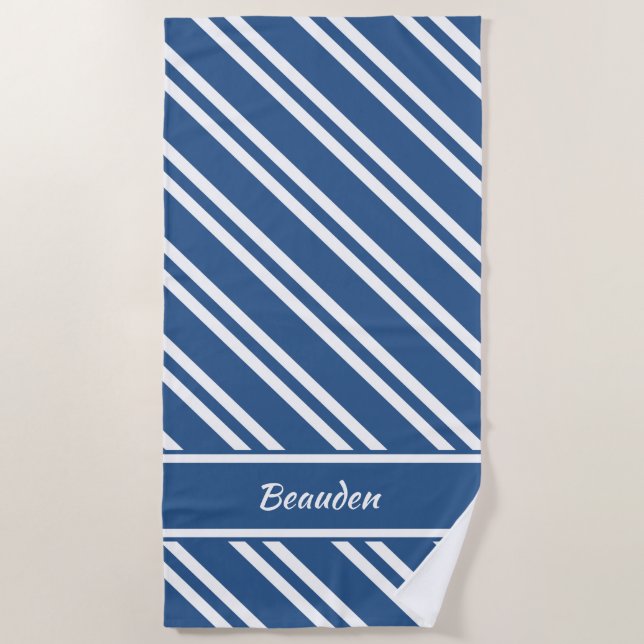 Personalised Nautical Blue and White Stripes Beach Towel (Front)