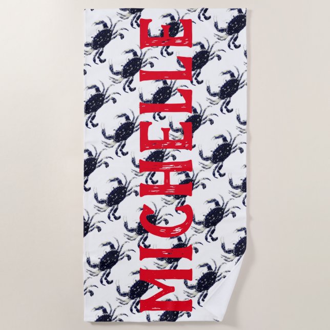 Personalised Nautical Blue Crab Beach Towel (Front)