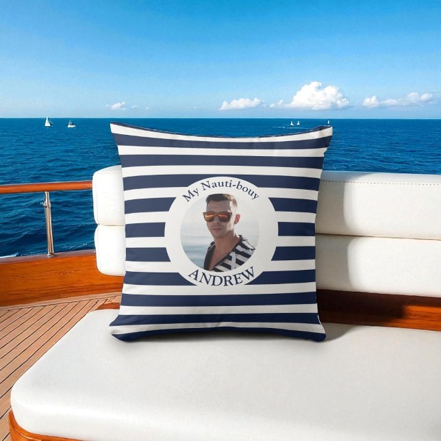 Personalised Nautical Blue Stripe Photo Pillow (Creator Uploaded)