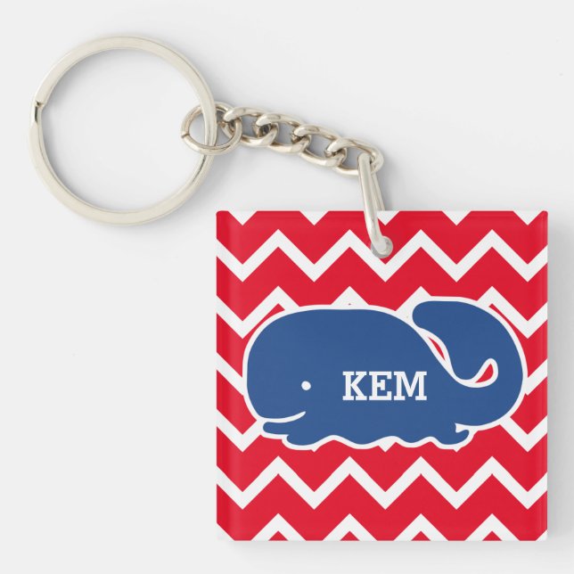Personalised Nautical Blue Whale Chevron pattern Key Ring (Front)