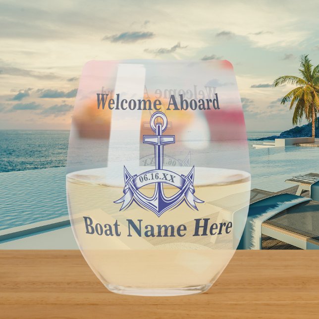 Personalised Nautical Boat Name Anchor  Navy Blue  Stemless Wine Glass (Creator Uploaded)