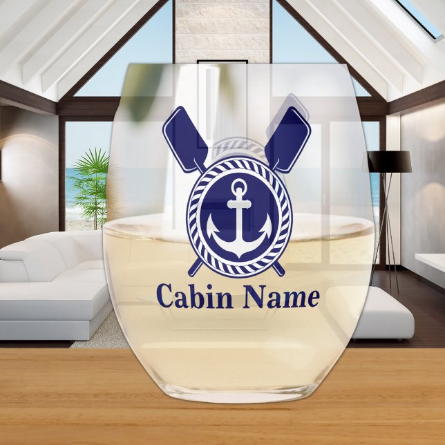 Personalised Nautical Boat Name Anchor  Navy Blue  Stemless Wine Glass (Creator Uploaded)
