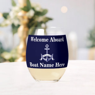 Personalised Nautical Boat Name Anchor Navy Blue Stemless Wine Glass