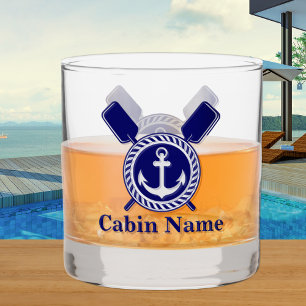 Personalised Nautical Boat Name Anchor  Navy Blue  Whiskey Glass