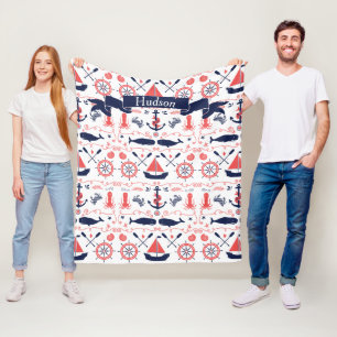 Personalised Nautical Coral Navy Whale Rope Banner Fleece Blanket