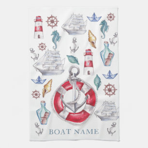 Personalised Nautical elements watercolor Tea Towel
