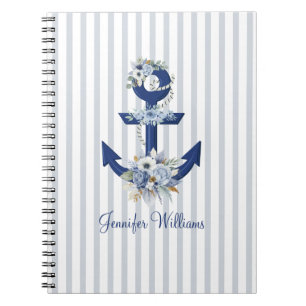 Personalised Nautical Floral Navy Stripes Notebook