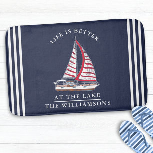 Personalised Nautical Lake House Navy Blue White Bath Mat