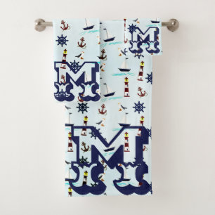 Personalised Nautical Lighthouse Sailboat Pattern Bath Towel Set