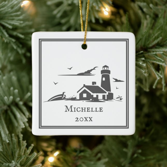 Personalised Nautical Lighthouse Seaside Christmas Ceramic Ornament (Tree)