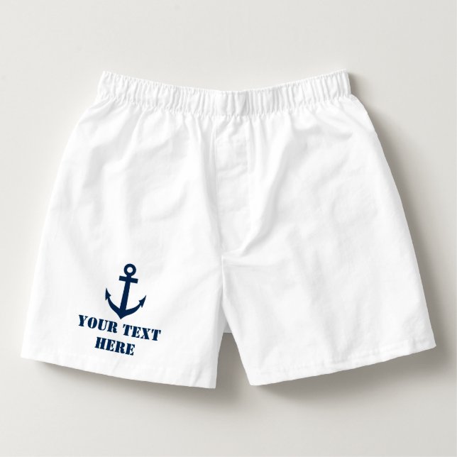 Personalised nautical navy anchor boxer shorts boxers (Front)