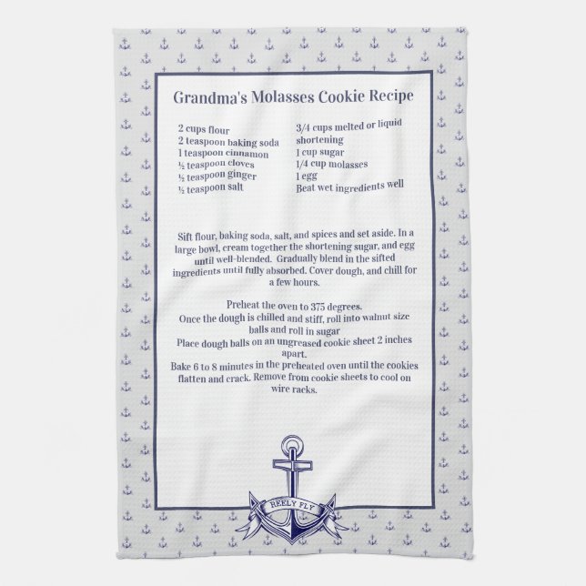Personalised Nautical Navy  Anchor Recipe keepsake Tea Towel (Vertical)