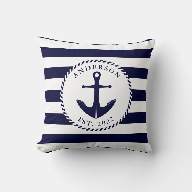 Personalised Nautical Navy Blue Anchor and Rope Cushion (Front)
