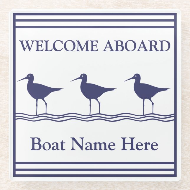 Personalised Nautical Navy Blue SEABIRDS Boat Name Glass Coaster (Front)