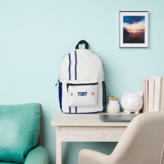 Personalised Nautical Navy Blue Stripes Printed Backpack