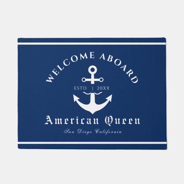 Personalised Nautical Navy Blue Welcome Aboard  Doormat (Front)