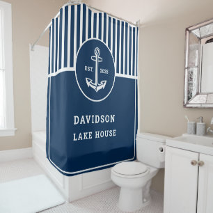 Personalised Nautical Navy Blue Welcome with Ancho Shower Curtain