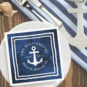 Personalised Nautical Navy Blue White Anchor Napkin