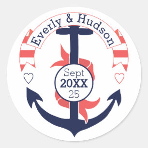 Personalised Nautical Navy Coral Wedding Anchor Classic Round Sticker
