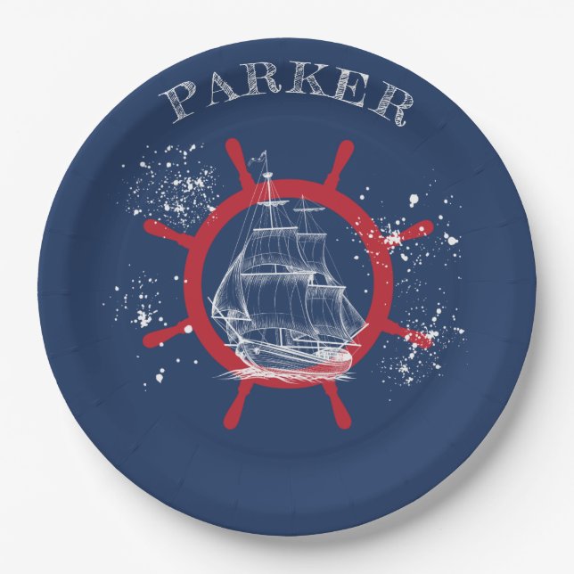 Personalised Nautical Party Sailboat Blue Paper Plate (Front)