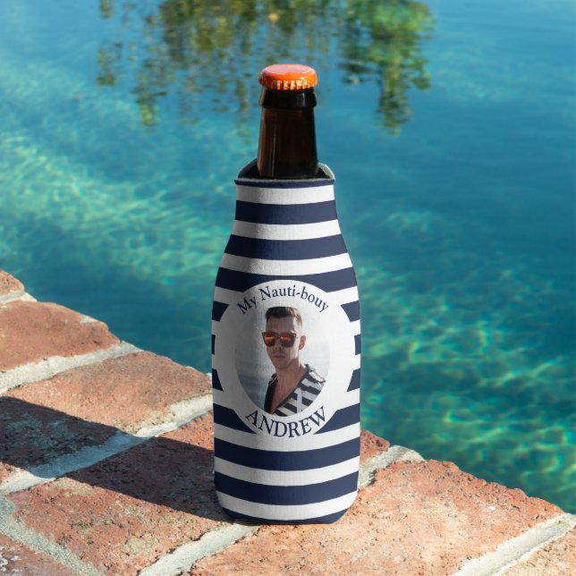 Personalised Nautical Photo Navy Stripe Bottle  Bottle Cooler (In Situ Pool)