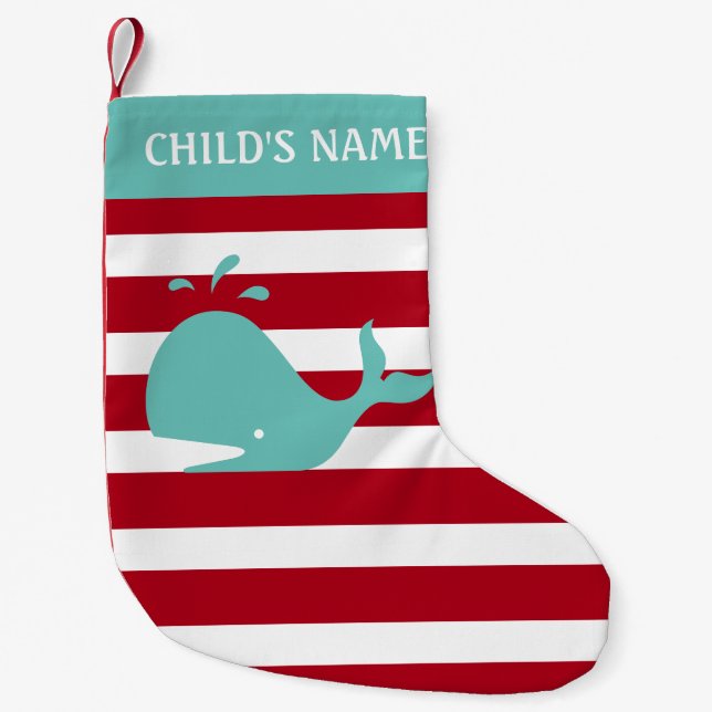Personalised Nautical Red Striped Mint Whale Kids Small Christmas Stocking (Front)