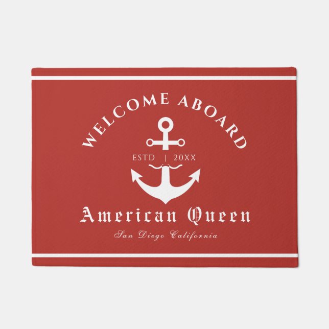 Personalised Nautical Red Welcome Aboard  Doormat (Front)
