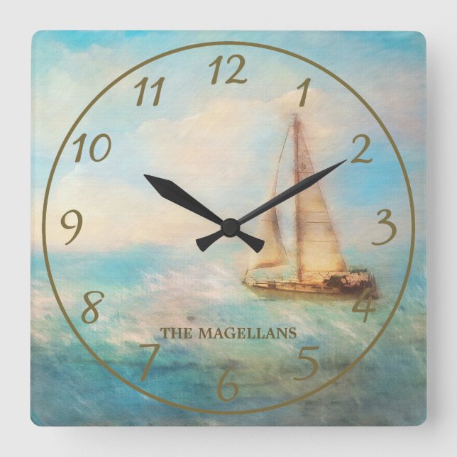 Personalised Nautical Sailboat and Sea Painting Square Wall Clock (Front)