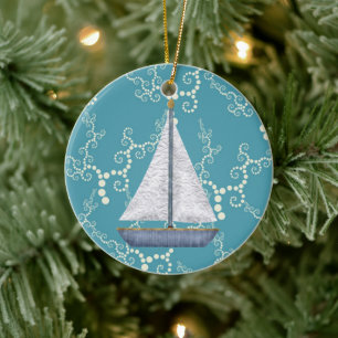 Personalised Nautical Sailboat and Swirling Water Ceramic Ornament